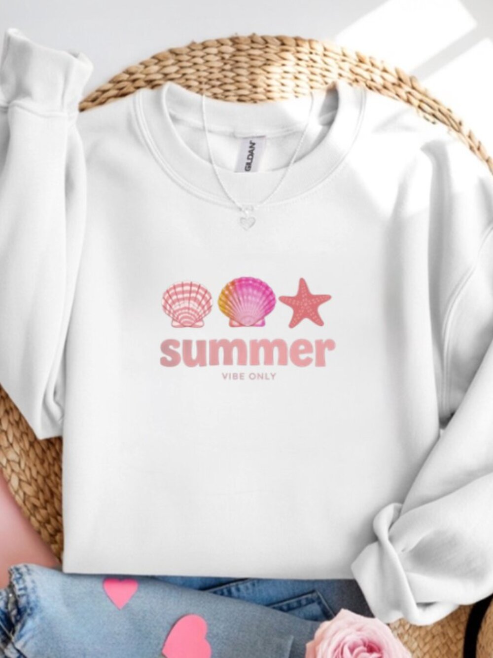 Summer Vibe Only White Crewneck Sweatshirt Beach Shell Aesthetic Shir